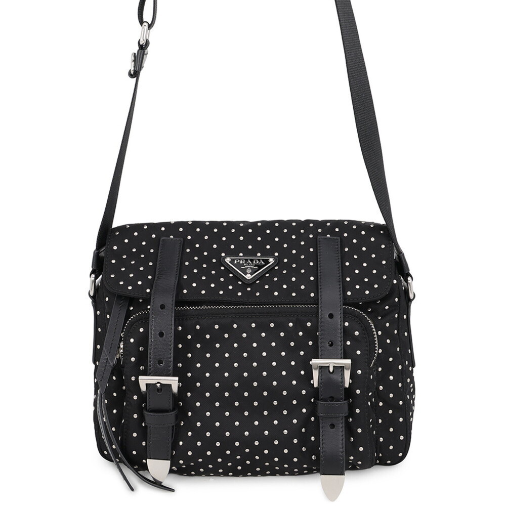 Prada Shoulder Bag Triangle Studs Nylon 1BD382 PRADA Black Handbag